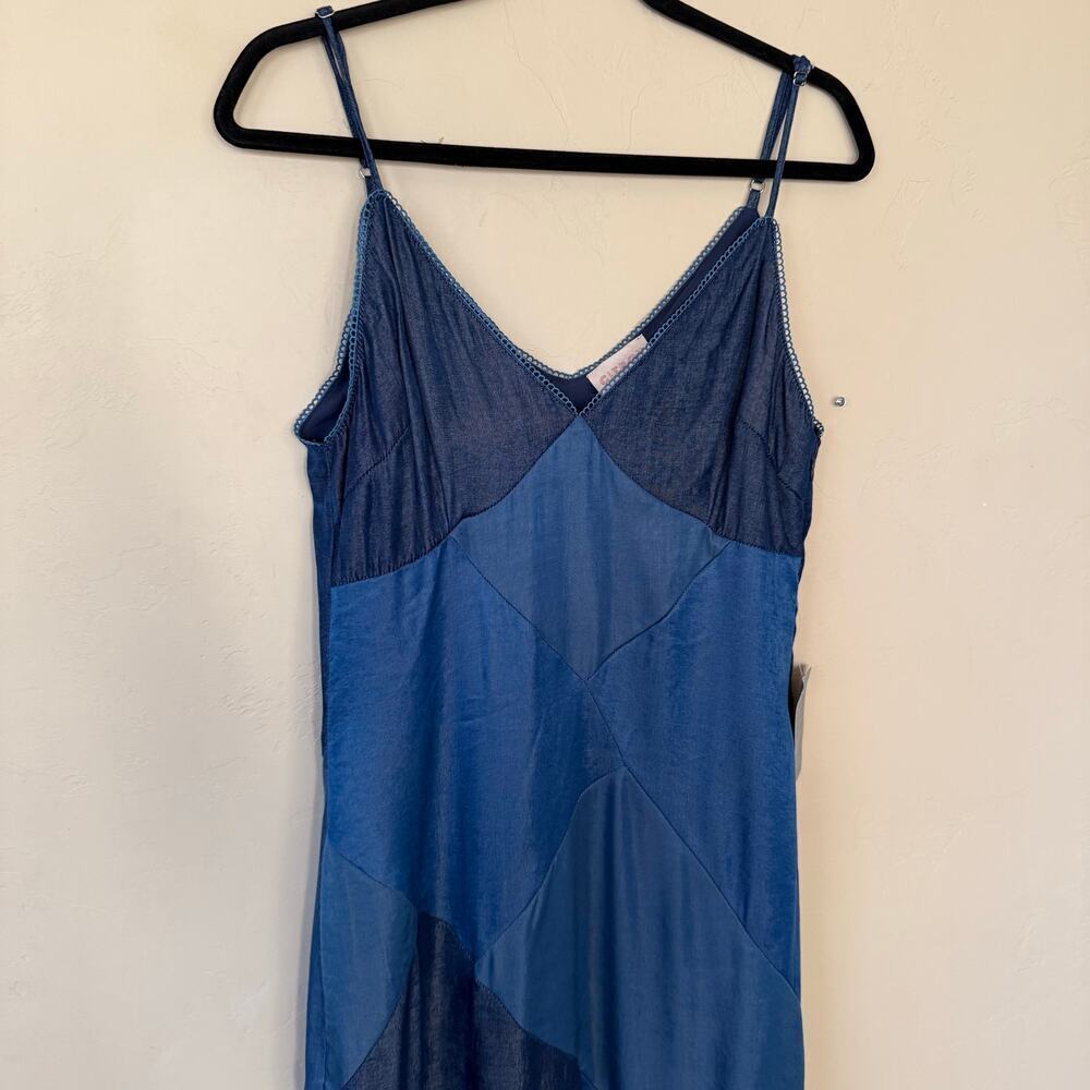 CIEBON Derica Patchwork Slip Dress Blue Satin Maxi Midi V-Neck Slipdress - Picture 5 of 14